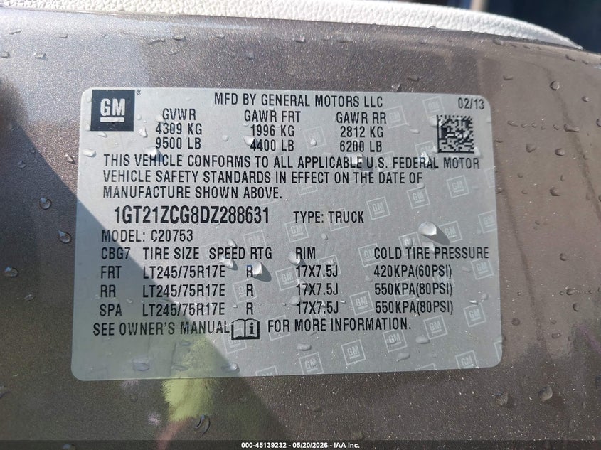 GMC SIERRA 2500HD 2013 VIN 1GT21ZCG8DZ288631
