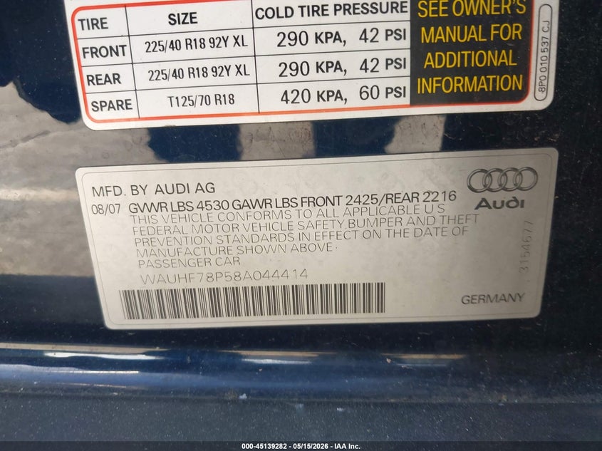 2008 Audi A3 2.0T VIN: WAUHF78P58A044414 Lot: 45139282