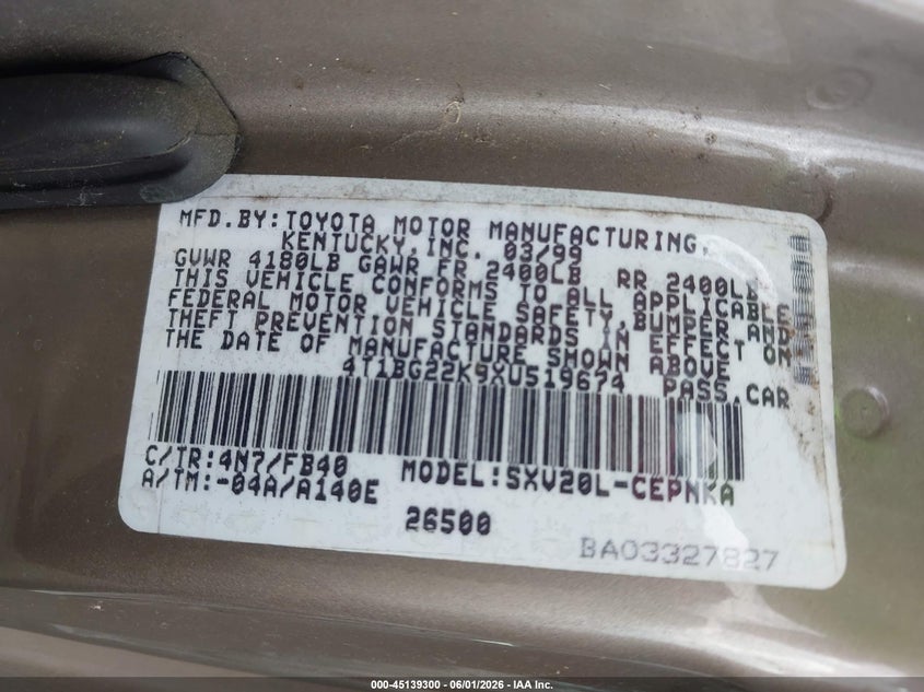 1999 Toyota Camry Le VIN: 4T1BG22K9XU519674 Lot: 45139300