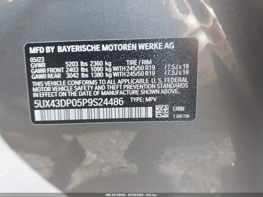 2023 BMW X3 Sdrive30I VIN: 5UX43DP05P9S24486 Lot: 45139305