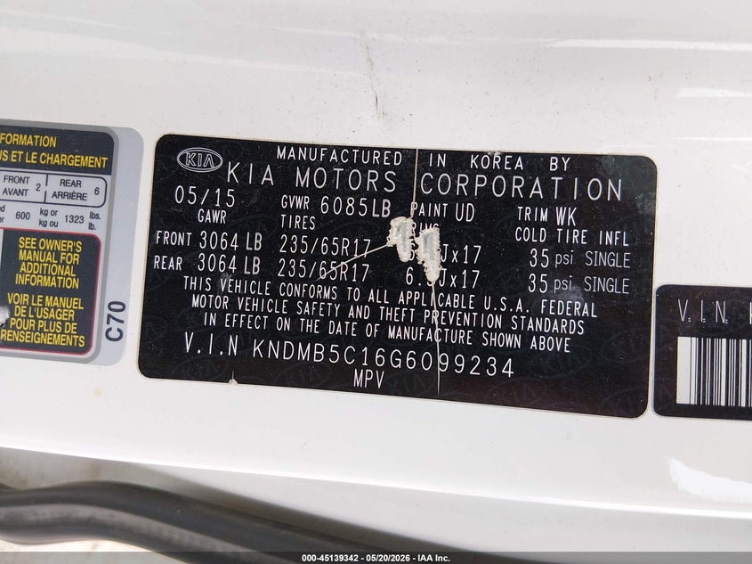 2016 Kia Sedona Lx VIN: KNDMB5C16G6099234 Lot: 45139342