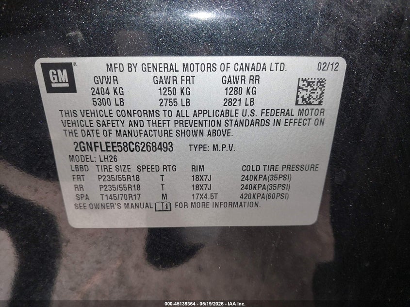 2012 Chevrolet Equinox 3.0 1Lt black Lot 111045139364 Vin 2GNFLEE58C6268493