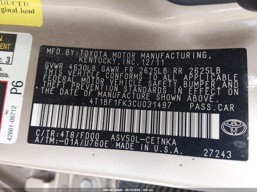 2012 TOYOTA CAMRY SEDAN 2.5L I-4 DOHC, VVT, 178HP