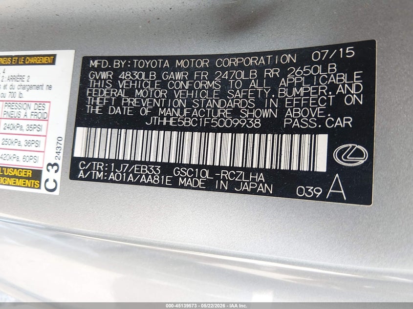 2015 Lexus Rc 350 VIN: JTHHE5BC1F5009938 Lot: 45139573