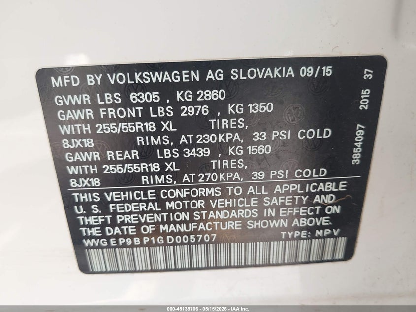 2016 Volkswagen Touareg Tdi Executive/Tdi Lux/Tdi Sport W/Technology VIN: WVGEP9BP1GD005707 Lot: 45139706