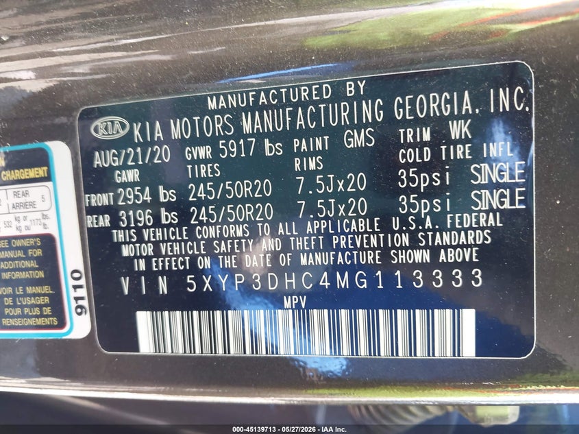 2021 Kia Telluride Ex VIN: 5XYP3DHC4MG113333 Lot: 45139713