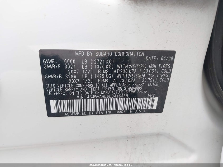 2020 Subaru Ascent Touring VIN: 4S4WMARD6L3446369 Lot: 45139789