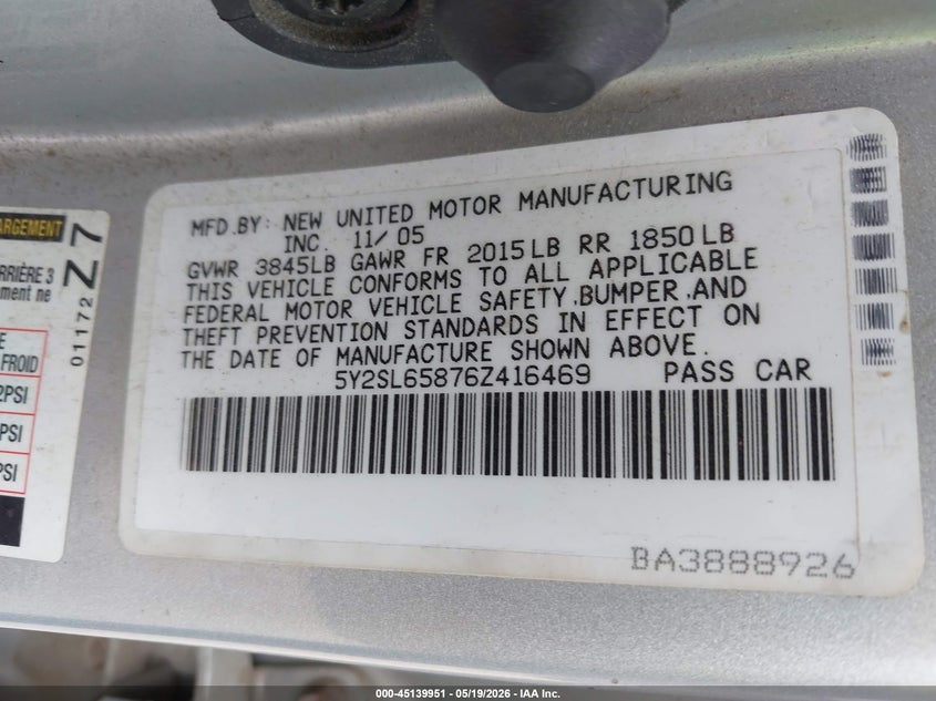 2006 Pontiac Vibe VIN: 5Y2SL65876Z416469 Lot: 45139951