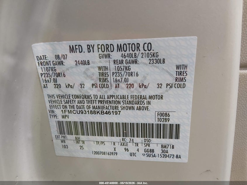 2008 Ford Escape 3.0 Xlt beige Lot 111045140008 Vin 1FMCU93188KB46197