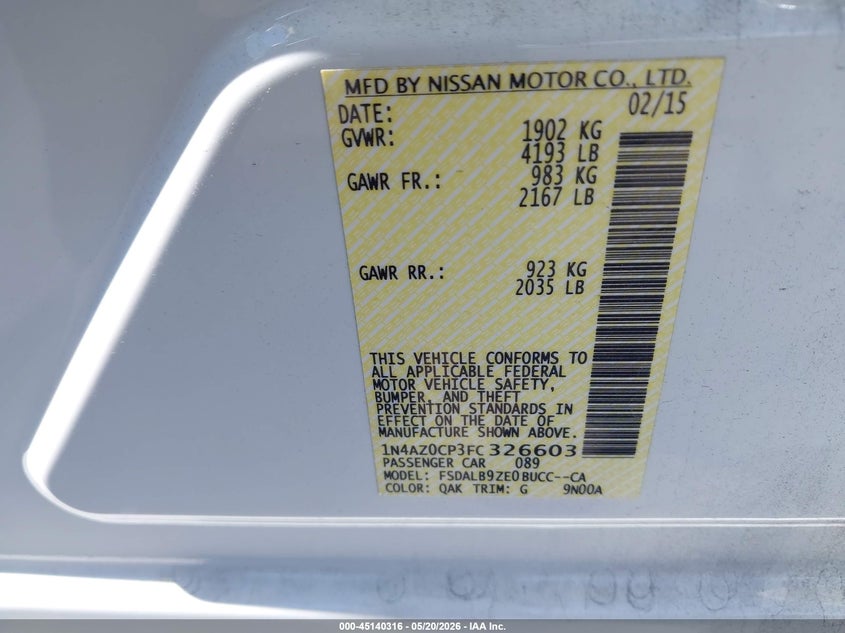 2015 Nissan Leaf S VIN: 1N4AZ0CP3FC326603 Lot: 45140316