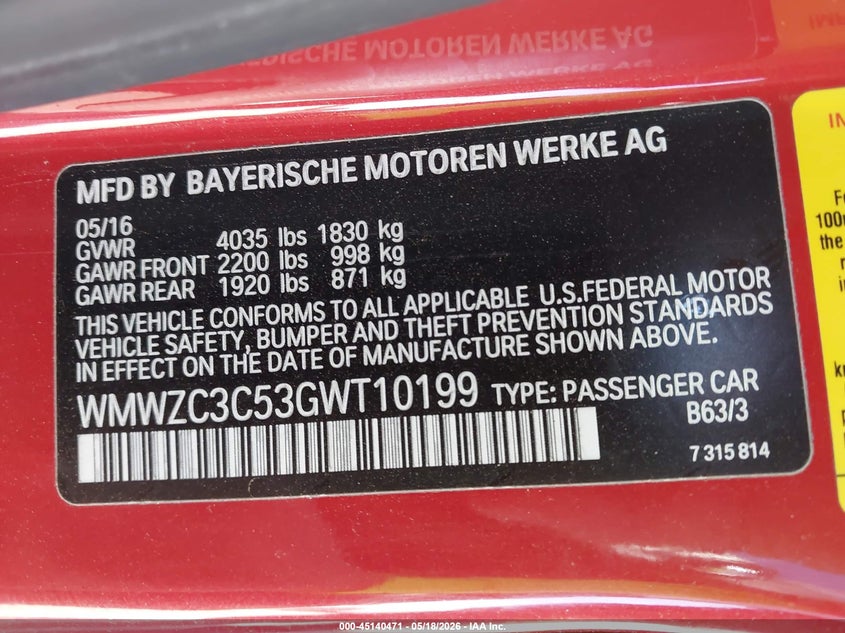 2016 Mini Countryman Cooper S VIN: WMWZC3C53GWT10199 Lot: 45140471