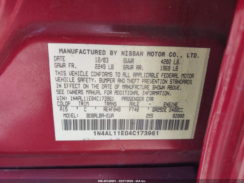 2004 Nissan Altima 2.5 Sl VIN: 1N4AL11E04C173961 Lot: 45140501