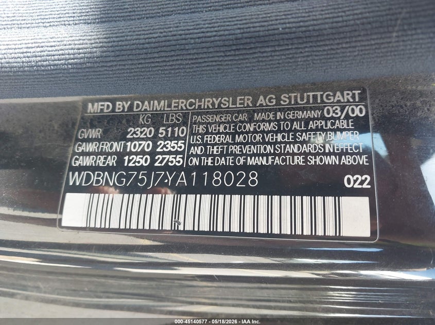 2000 Mercedes-Benz S 500 VIN: WDBNG75J7YA118028 Lot: 45140577
