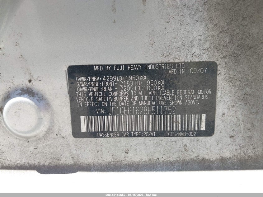 2008 SUBARU IMPREZA (NATL) I W/PREMIUM PKG SEDAN 2.5L H-4 VVT, 170HP