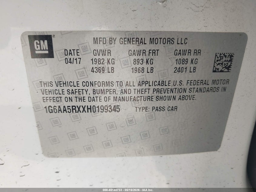 2017 Cadillac Ats Standard VIN: 1G6AA5RXXH0199345 Lot: 45140733
