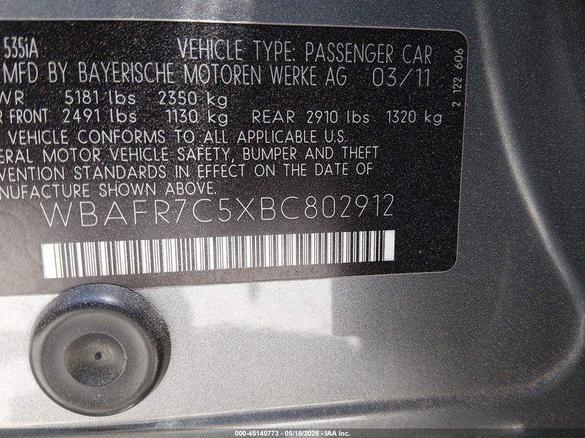 BMW 535I 2011 VIN WBAFR7C5XBC802912