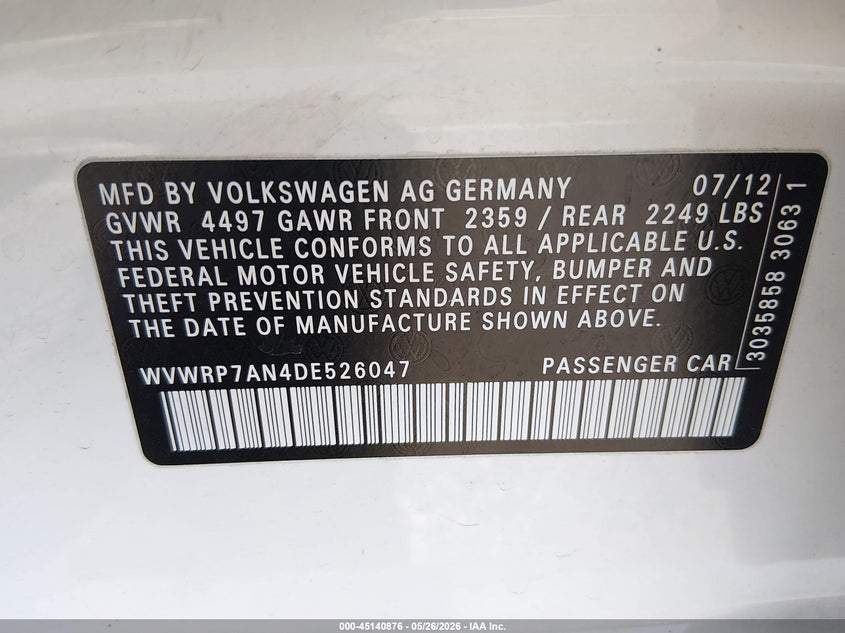2013 Volkswagen Cc 2.0T Lux VIN: WVWRP7AN4DE526047 Lot: 45140876