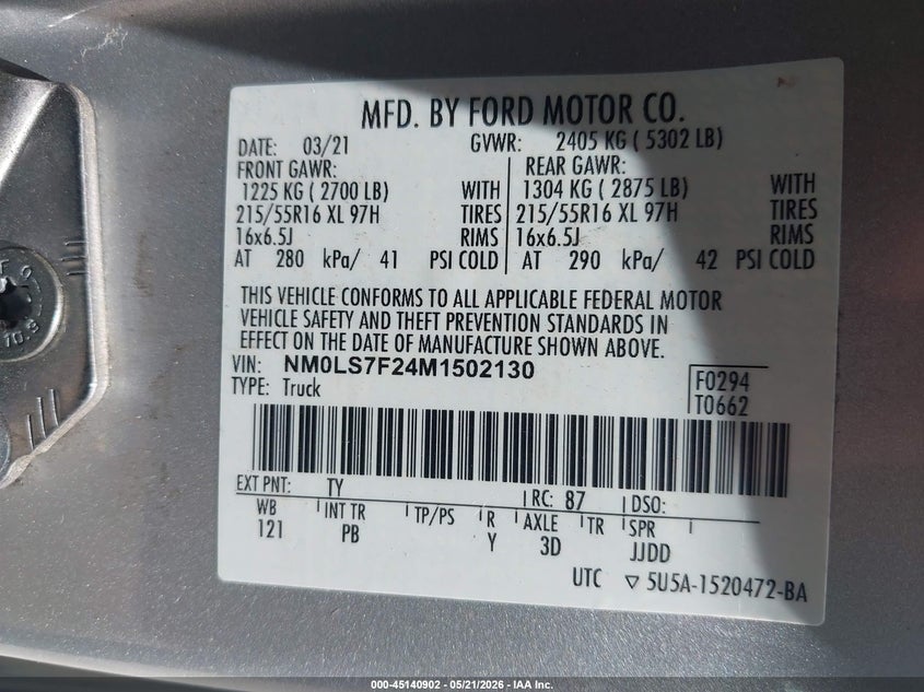 2021 Ford Transit Connect Xlt VIN: NM0LS7F24M1502130 Lot: 45140902