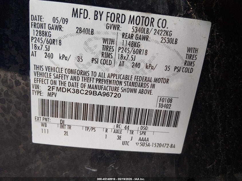 2009 Ford Edge 3.5 Sel Blue Lot 111045140916 Vin 2FMDK38C29BA96720
