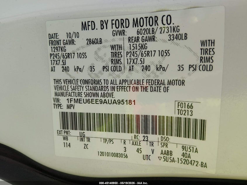 1FMEU6EE9AUA95181 2010 Ford Explorer 4.0 Eddie Bauer cream