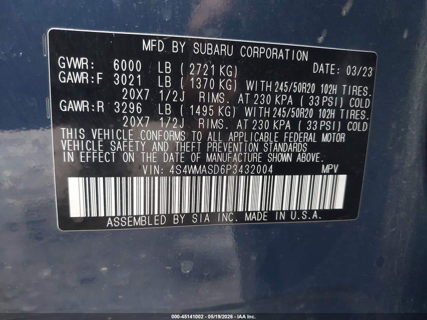 2023 Subaru Ascent Limited 7-Passenger VIN: 4S4WMASD6P3432004 Lot: 45141002