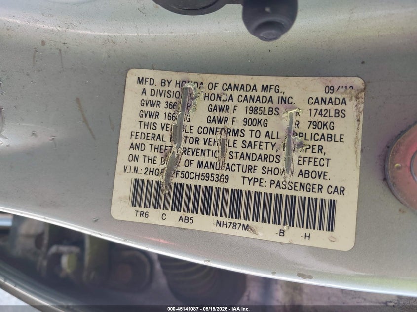 2012 Honda Civic 1.8 Lx silver Lot 111045141087 Vin 2HGFB2F50CH595369