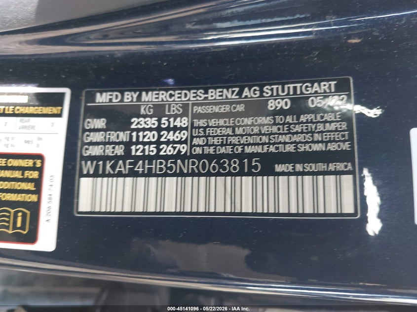 2022 Mercedes-Benz C 300 4Matic VIN: W1KAF4HB5NR063815 Lot: 45141096