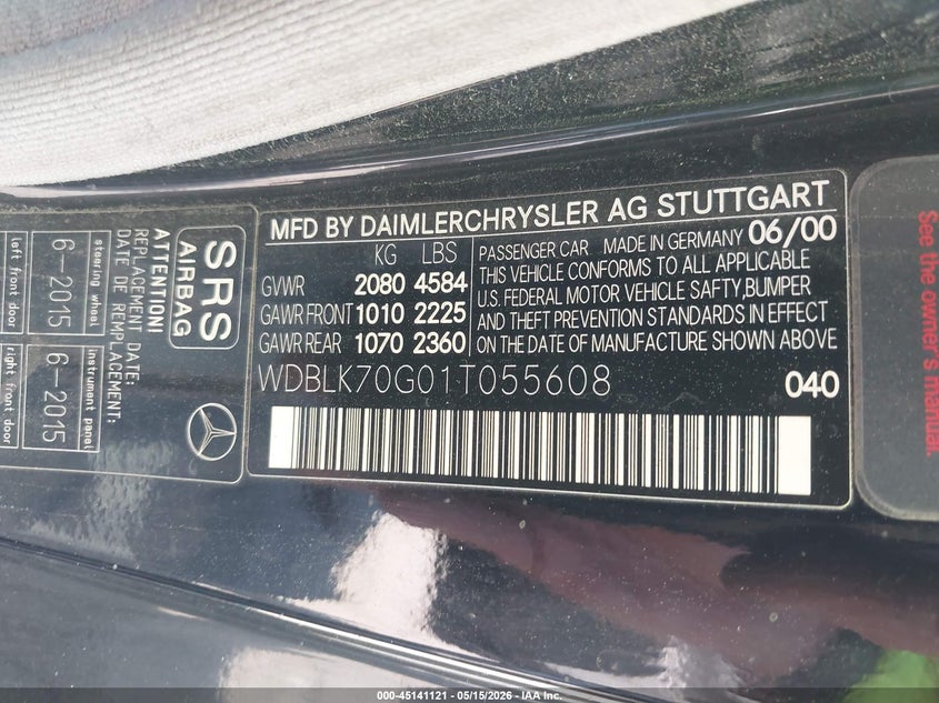 2001 Mercedes-Benz Clk 430 VIN: WDBLK70G01T055608 Lot: 45141121