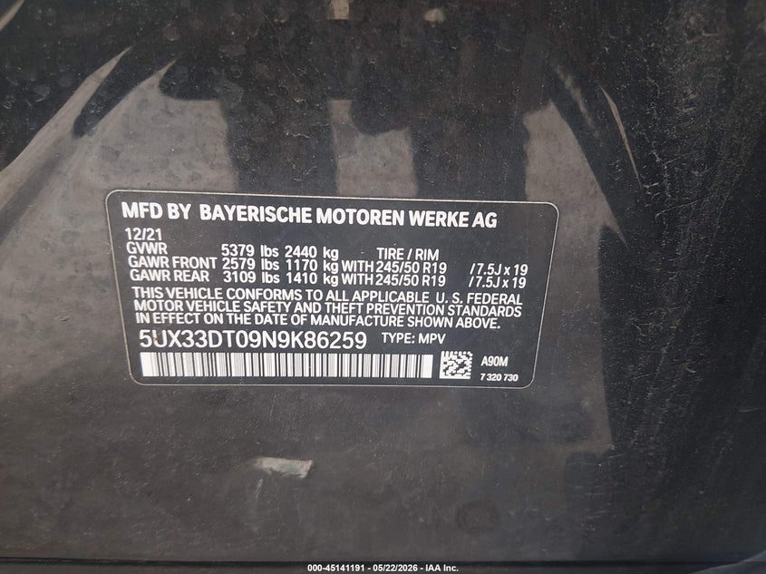2022 BMW X4 xDrive30I VIN: 5UX33DT09N9K86259 Lot: 45141191