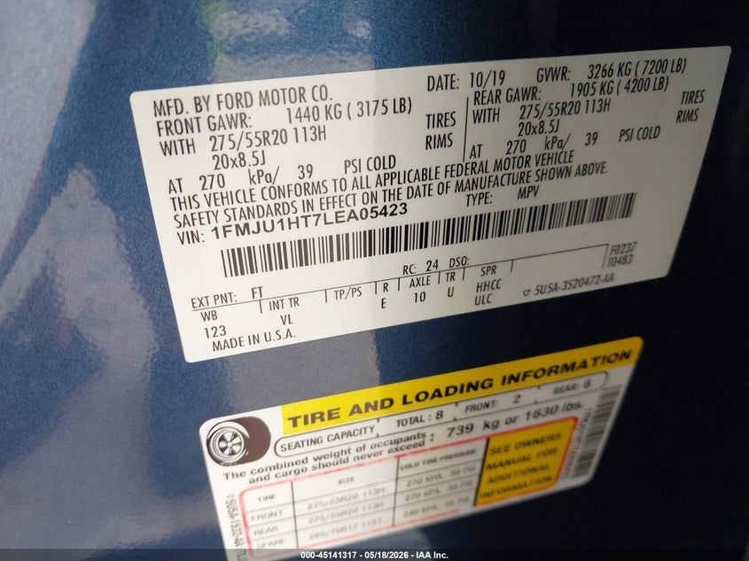 VIN 1FMJU1HT7LEA05423 2020 FORD EXPEDITION XLT
