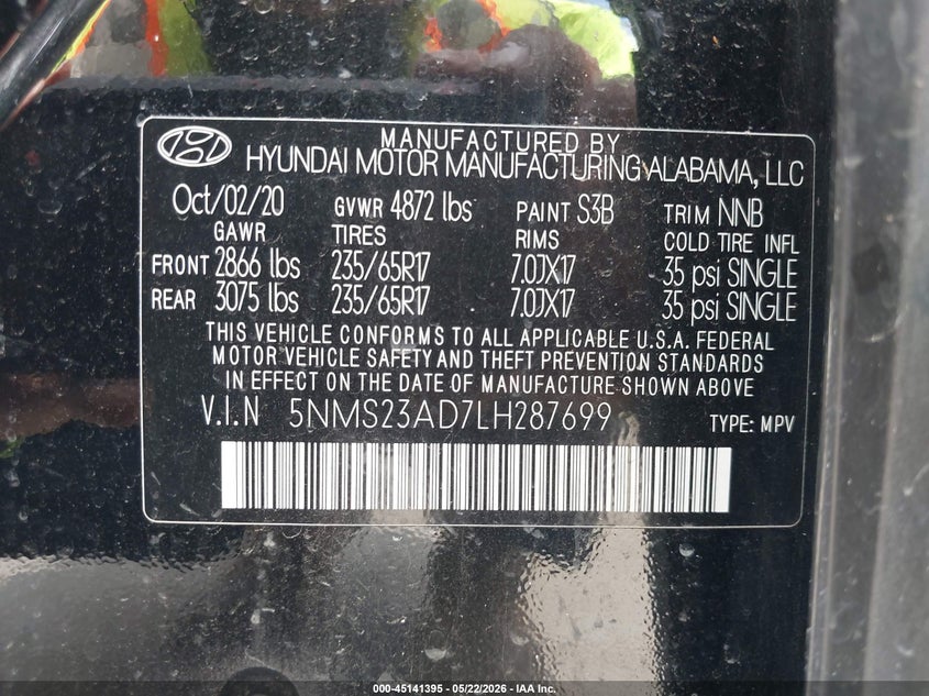 VIN 5NMS23AD7LH287699 2020 HYUNDAI SANTA FE SE