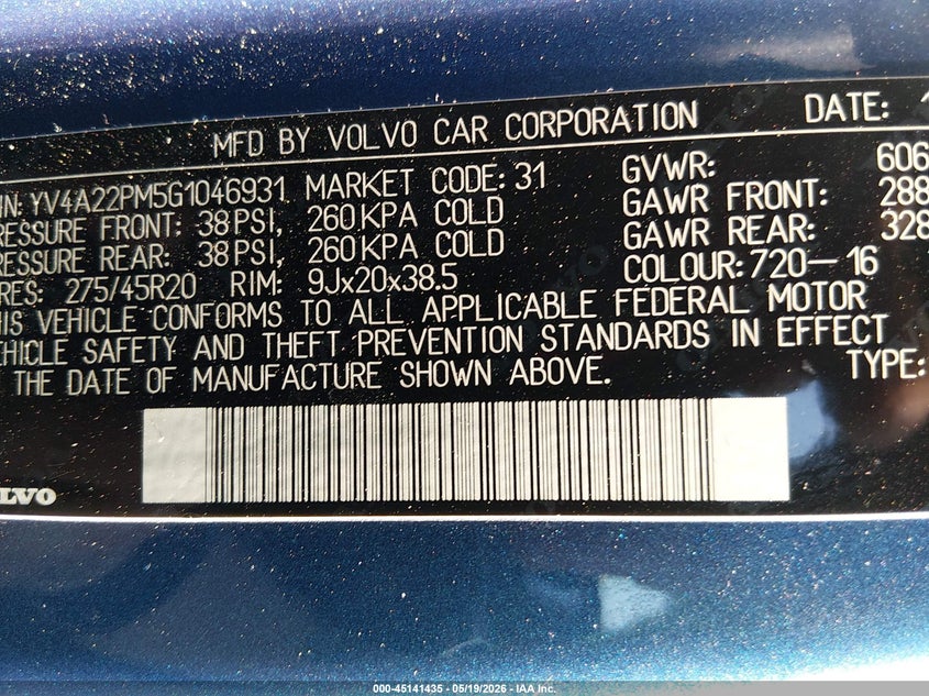 2016 Volvo Xc90 T6 R-Design VIN: YV4A22PM5G1046931 Lot: 45141435