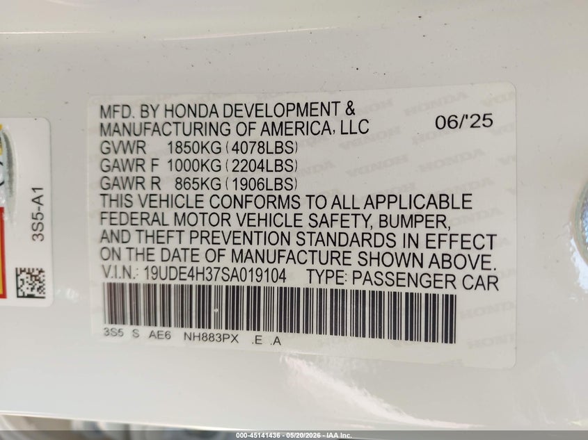 2025 Acura Integra A-Spec VIN: 19UDE4H37SA019104 Lot: 45141436