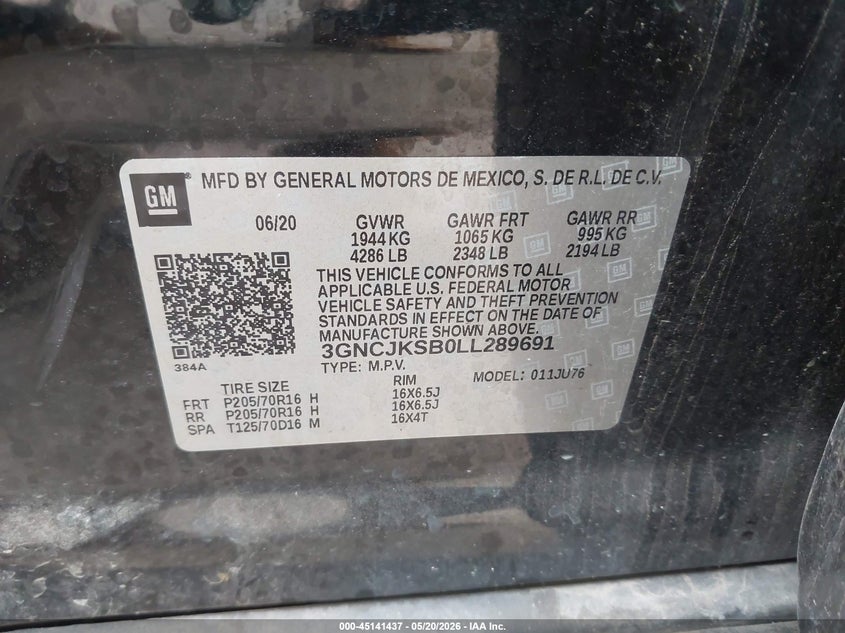VIN 3GNCJKSB0LL289691 2020 CHEVROLET TRAX FWD LS