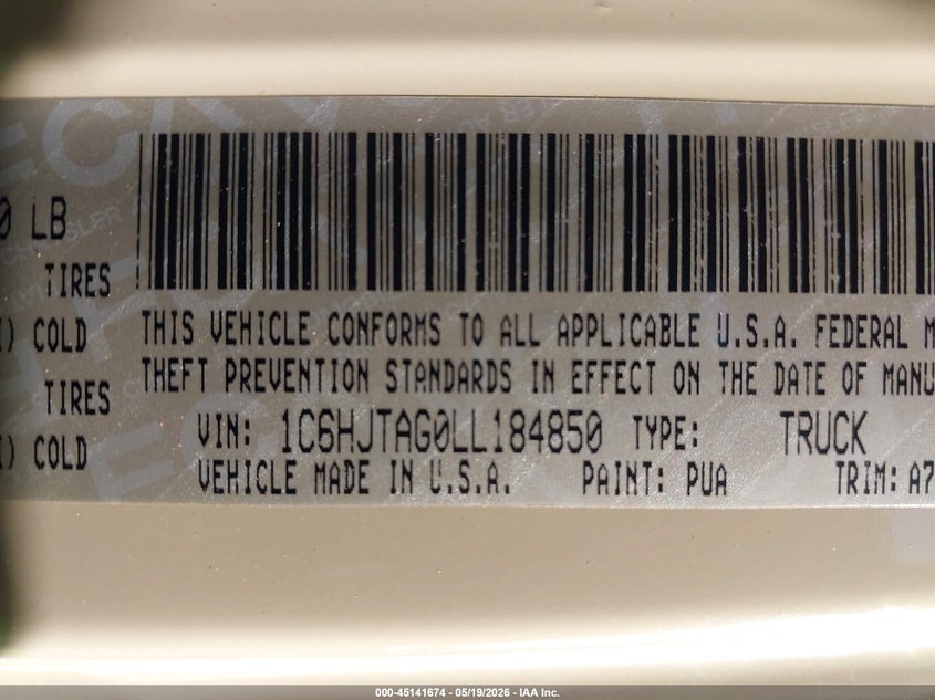 2020 Jeep Gladiator Sport 4X4 VIN: 1C6HJTAG0LL184850 Lot: 45141674