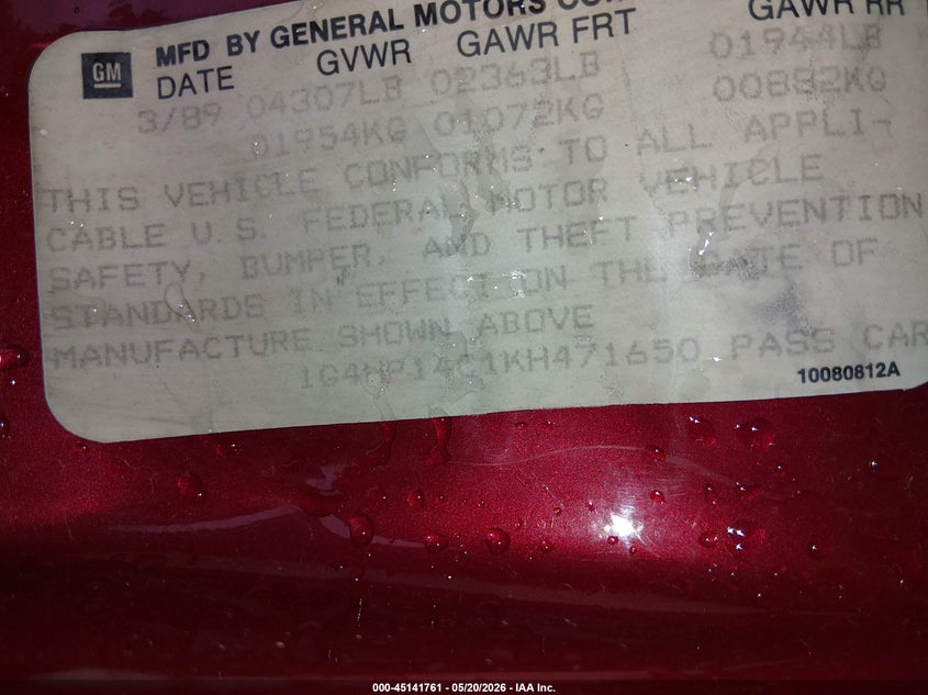 1989 Buick Lesabre VIN: 1G4HP14C1KH471650 Lot: 45141761