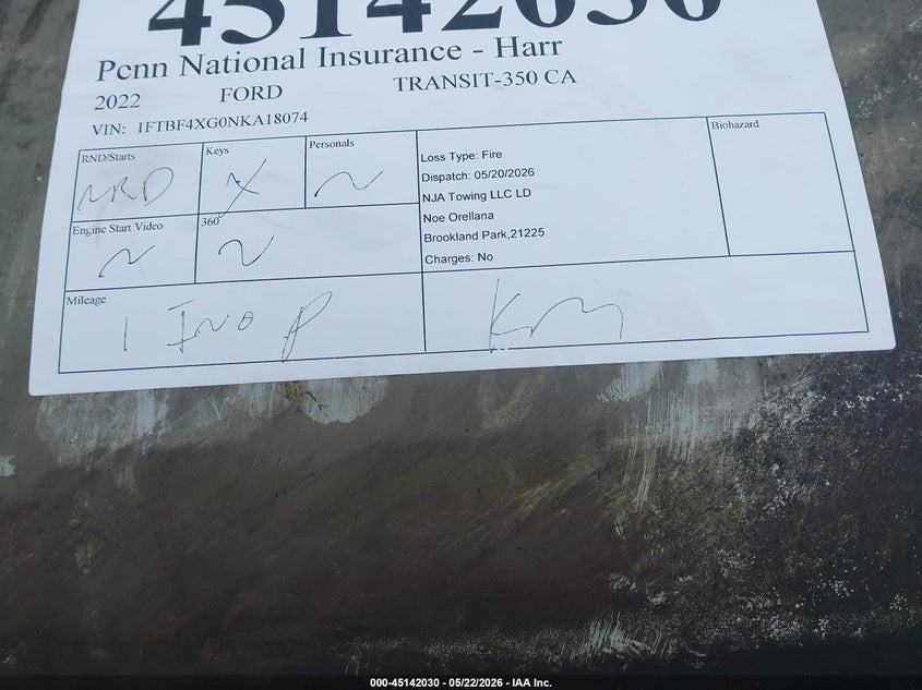 VIN 1FTBF4XG0NKA18074 2022 FORD TRANSIT-350 CARGO VAN