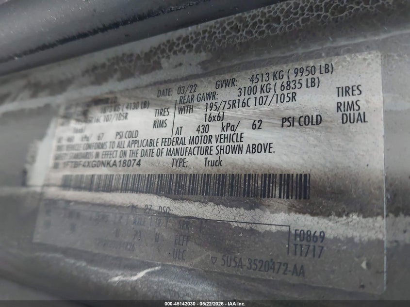 VIN 1FTBF4XG0NKA18074 2022 FORD TRANSIT-350 CARGO VAN