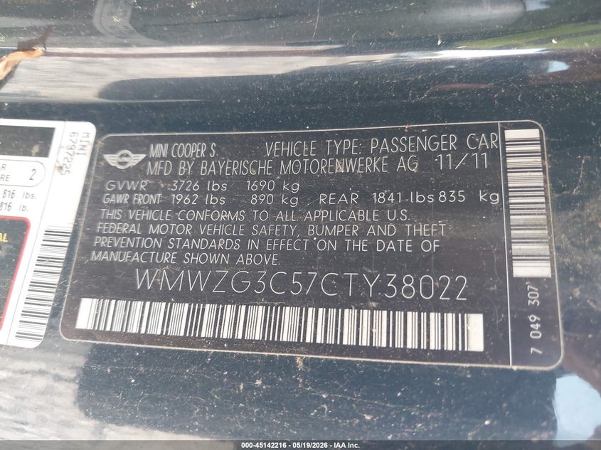 2012 Mini Cooper S Clubman VIN: WMWZG3C57CTY38022 Lot: 45142216