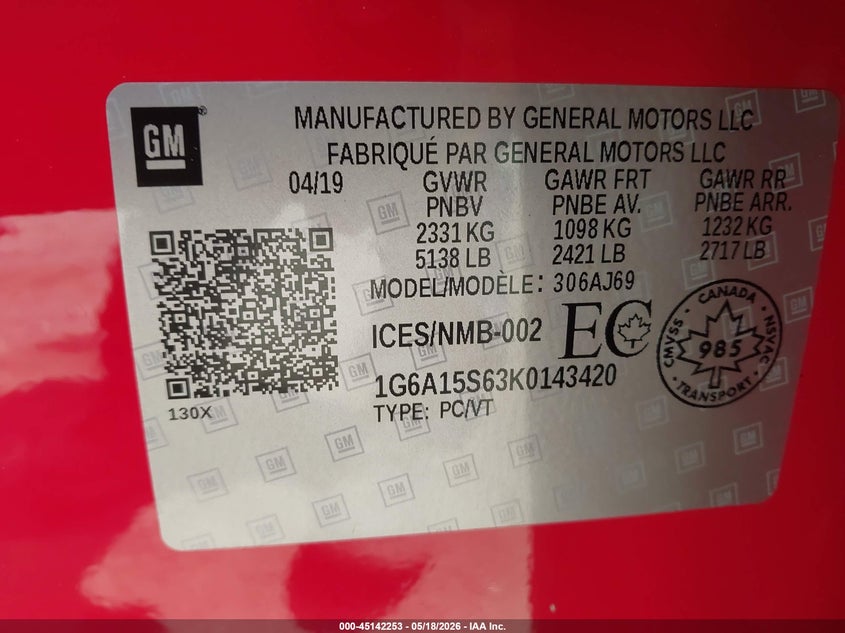 2019 Cadillac Cts-V VIN: 1G6A15S63K0143420 Lot: 45142253