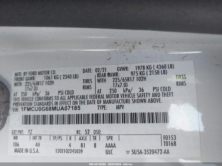 2021 Ford Escape Se VIN: 1FMCU0G68MUA07185 Lot: 45142295