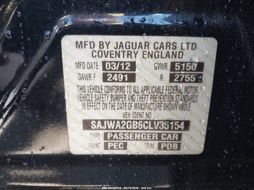 2012 Jaguar Xj VIN: SAJWA2GB6CLV35154 Lot: 45142713