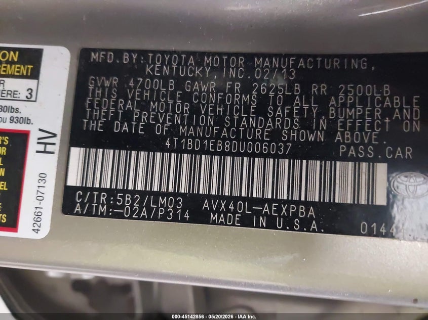 2013 TOYOTA AVALON SEDAN 2.5L I-4 DOHC, VVT, 156HP