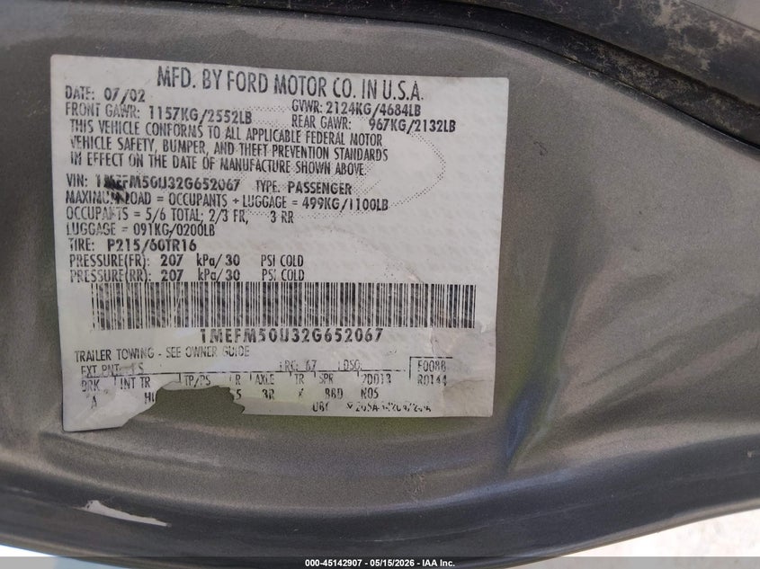 2002 Mercury Sable Gs VIN: 1MEFM50U32G652067 Lot: 45142907