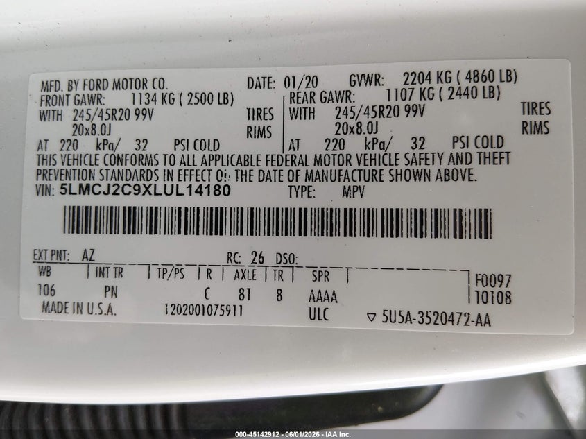 2020 Lincoln Corsair Reserve VIN: 5LMCJ2C9XLUL14180 Lot: 45142912