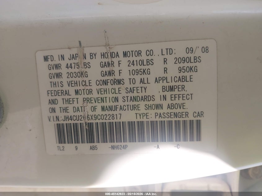 2009 Acura Tsx VIN: JH4CU266X9C022817 Lot: 45142923