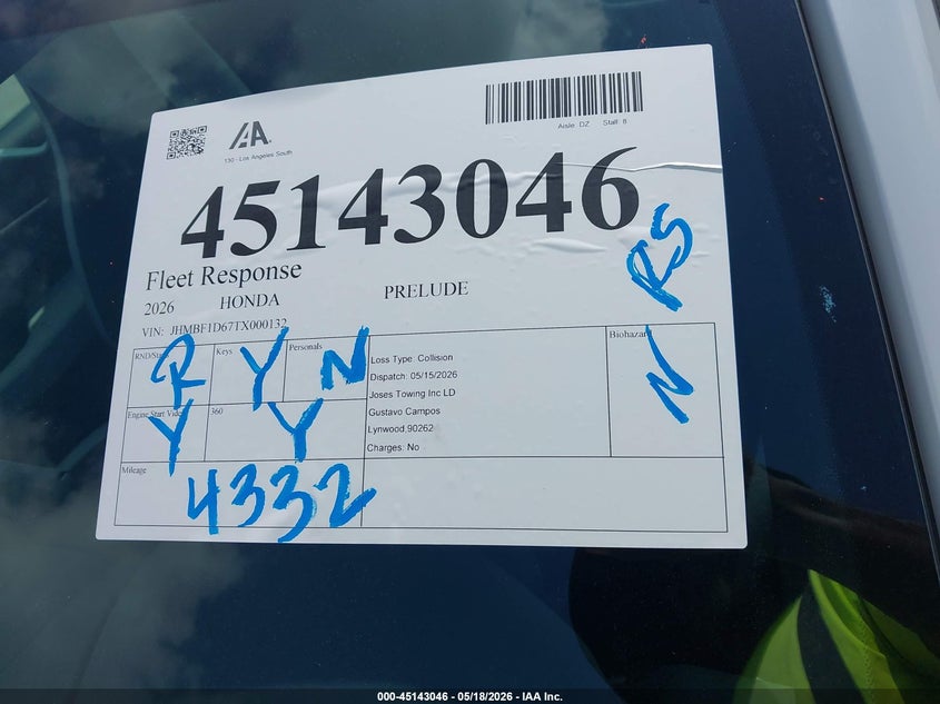 2026 Honda Prelude Hybrid VIN: JHMBF1D67TX000132 Lot: 45143046