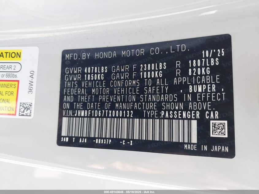 2026 Honda Prelude Hybrid VIN: JHMBF1D67TX000132 Lot: 45143046