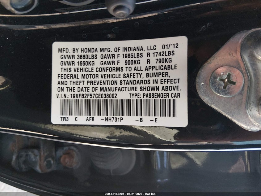19XFB2F57CE038002 2012 Honda Civic 1.8 Lx black