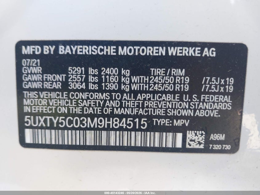 2021 BMW X3 SPORT UTILITY VEHICLE 2.0L I-4 DI, DOHC, VVT, TURBO, 248HP